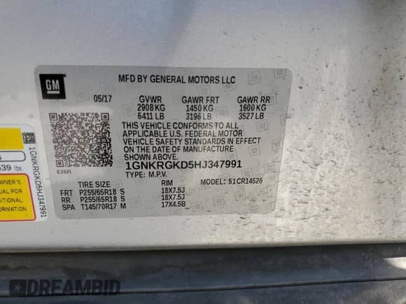 2017 Chevrolet Traverse LT с VIN 1GNKRGKD5HJ347991, выставлен на аукционе Copart как лот 84549105 с пробегом 113 714 миль миль и Списание • Salvage title. История ставок и продаж доступна на DreamBid. Изображение 13.