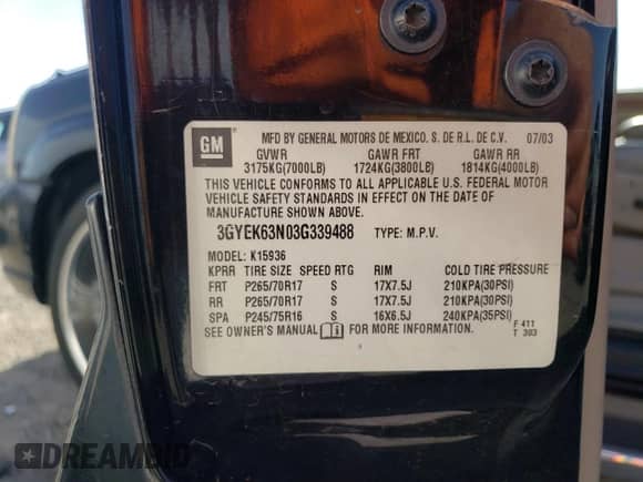 2003 Cadillac Escalade EXT with VIN 3GYEK63N03G339488, listed as a Copart auction lot 54622395 with 234,427 mi miles and Clean title. Bid and sale history available at DreamBid. Image 13.