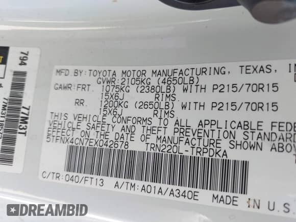 2014 Toyota Tacoma с VIN 5TFNX4CN7EX042678, выставлен на аукционе IAAI как лот 43007001 с пробегом 196 192 миль миль и . История ставок и продаж доступна на DreamBid. Изображение 9.