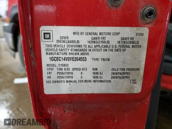2000 Chevrolet Silverado 1500 with VIN 1GCEC14V0YE264553, listed as a Copart auction lot 44762715 with Not provided miles and Clean title. Bid and sale history available at DreamBid. Image 13.