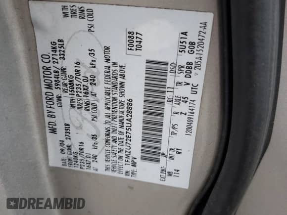 2005 Ford Explorer XLS with VIN 1FMZU72E75UA28886, listed as a Copart auction lot 86245374 with 196,081 mi miles and Salvage title. Bid and sale history available at DreamBid. Image 15.