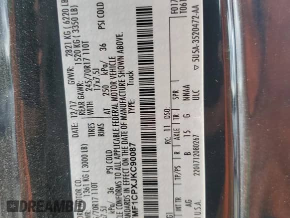 2018 Ford F-150 XL z VIN 1FTMF1CPXJKC90087, wystawiony jako Copart lot #68735865 z przebiegiem 79 711 mil mil oraz Szkoda całkowita • Salvage title. Historia ofert i sprzedaży dostępna na DreamBid. Obrazek 12.