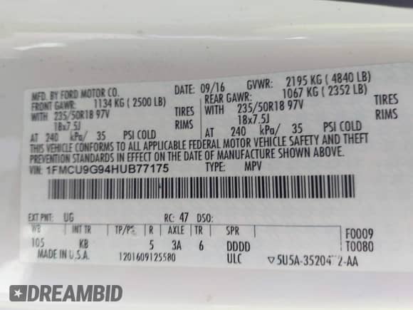 2017 Ford Escape SE with VIN 1FMCU9G94HUB77175, listed as a IAAI auction lot 43359533 with 153,347 mi miles and . Bid and sale history available at DreamBid. Image 9.