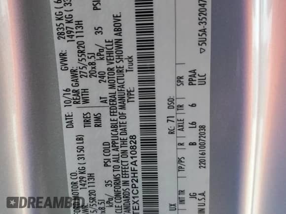 2017 Ford F-150 XL with VIN 1FTEX1CP2HFA10828, listed as a Copart auction lot 47233225 with 103,854 mi miles and Salvage title. Bid and sale history available at DreamBid. Image 12.