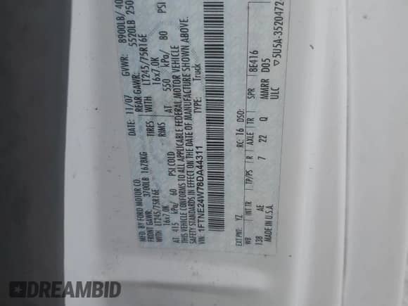 2008 Ford Econoline Cargo Commercial with VIN 1FTNE24W78DA44311, listed as a Copart auction lot 57152765 with 277,707 mi miles and Clean title. Bid and sale history available at DreamBid. Image 13.