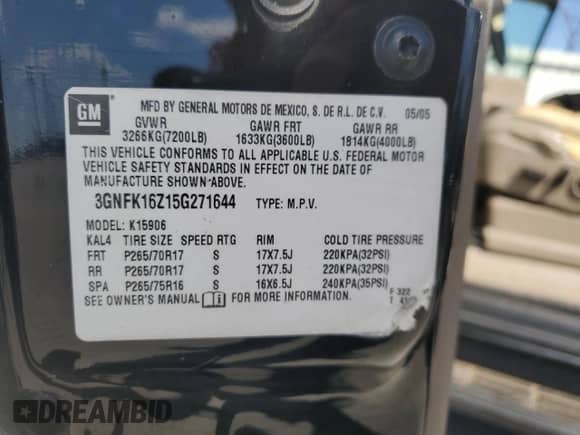 2005 Chevrolet Suburban Z71 с VIN 3GNFK16Z15G271644, выставлен на аукционе Copart как лот 70220905 с пробегом 251 350 миль миль и Списание • Salvage title. История ставок и продаж доступна на DreamBid. Изображение 14.