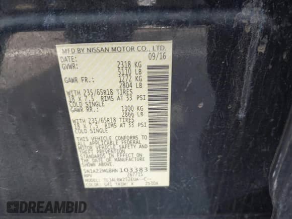 2017 Nissan Murano S with VIN 5N1AZ2MG8HN103383, listed as a IAAI auction lot 41756158 with 129,917 mi miles and . Bid and sale history available at DreamBid. Image 9.