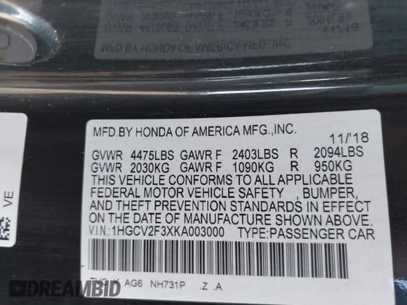 2019 Honda Accord Sport with VIN 1HGCV2F3XKA003000, listed as a IAAI auction lot 43298504 with 127,440 mi miles and . Bid and sale history available at DreamBid. Image 9.