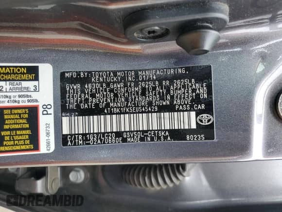 2014 Toyota Camry SE with VIN 4T1BK1FK5EU545429, listed as a Copart auction lot 83930235 with 177,384 mi miles and Salvage title. Bid and sale history available at DreamBid. Image 12.