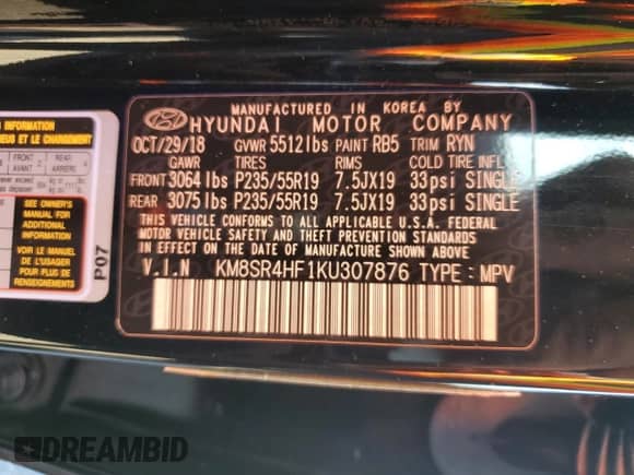 2019 Hyundai Santa Fe Limited Ultimate с VIN KM8SR4HF1KU307876, выставлен на аукционе Copart как лот 80642575 с пробегом 90 436 миль миль и Списание • Salvage title. История ставок и продаж доступна на DreamBid. Изображение 13.