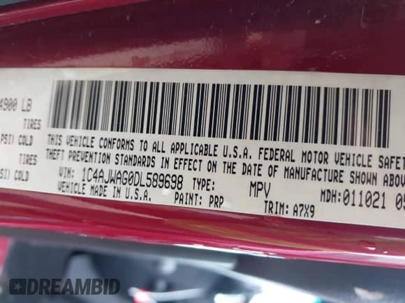 2013 Jeep Wrangler Sport with VIN 1C4AJWAG0DL589698, listed as a IAAI auction lot 41681909 with 80,241 mi miles and . Bid and sale history available at DreamBid. Image 9.