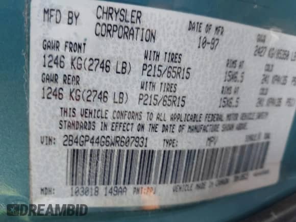 1998 Dodge Caravan SE с VIN 2B4GP44G6WR607931, выставлен на аукционе IAAI как лот 41624677 с пробегом 104 841 миль миль и . История ставок и продаж доступна на DreamBid. Изображение 9.