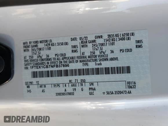 2022 Ford F-150 XL с VIN 1FTEX1CB7NFB37896, выставлен на аукционе Copart как лот 69398195 с пробегом 85 579 миль миль и Списание • Salvage title. История ставок и продаж доступна на DreamBid. Изображение 12.