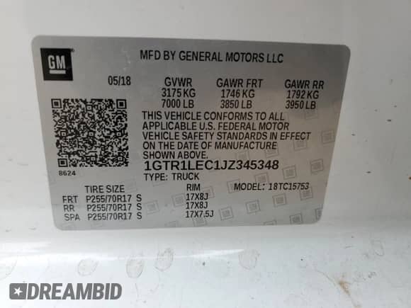 2018 GMC Sierra 1500 z VIN 1GTR1LEC1JZ345348, wystawiony jako Copart lot #70581515 z przebiegiem 139 184 mil mil oraz Szkoda całkowita • Salvage title. Historia ofert i sprzedaży dostępna na DreamBid. Obrazek 12.