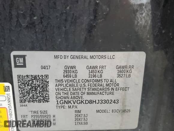 2017 Chevrolet Traverse LT с VIN 1GNKVGKD8HJ330243, выставлен на аукционе Copart как лот 55331305 с пробегом Не указан миль и Списание • Salvage title. История ставок и продаж доступна на DreamBid. Изображение 13.