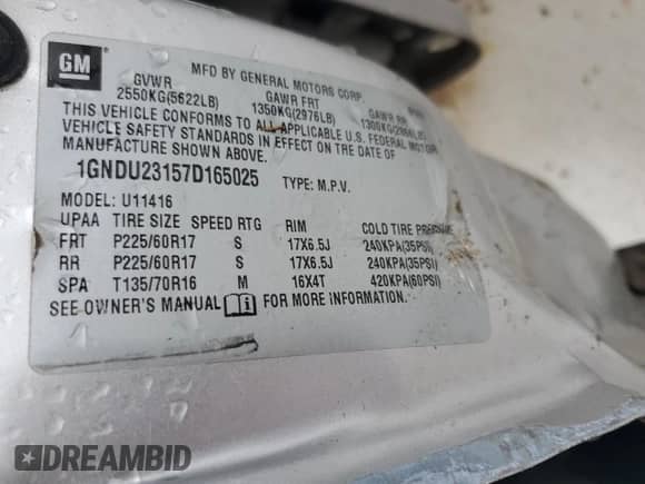 2007 Chevrolet Uplander LS z VIN 1GNDU23157D165025, wystawiony jako Copart lot #61075875 z przebiegiem Nie podano mil oraz Szkoda całkowita • Salvage title. Historia ofert i sprzedaży dostępna na DreamBid. Obrazek 13.