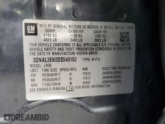 2013 Chevrolet Captiva Sport LT with VIN 3GNAL3EK0DS549162, listed as a Copart auction lot 62727224 with 104,717 mi miles and Salvage title. Bid and sale history available at DreamBid. Image 15.