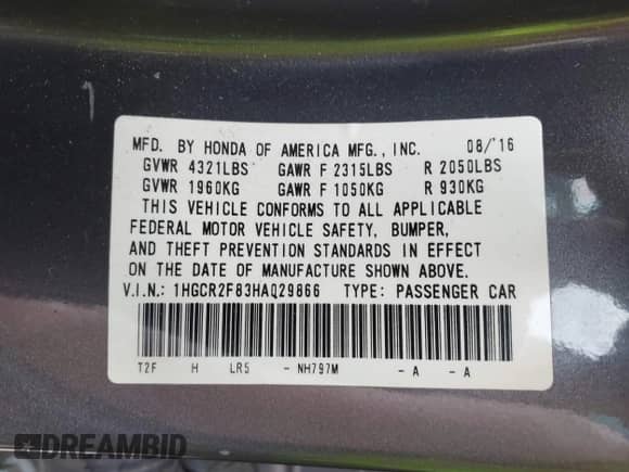 2017 Honda Accord EX-L z VIN 1HGCR2F83HA029866, wystawiony jako IAAI lot #43153402 z przebiegiem 68 757 mil mil oraz . Historia ofert i sprzedaży dostępna na DreamBid. Obrazek 9.