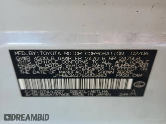 2006 Lexus IS 350 with VIN JTHBE262765005883, listed as a Copart auction lot 86288205 with Not provided miles and Salvage title. Bid and sale history available at DreamBid. Image 12.