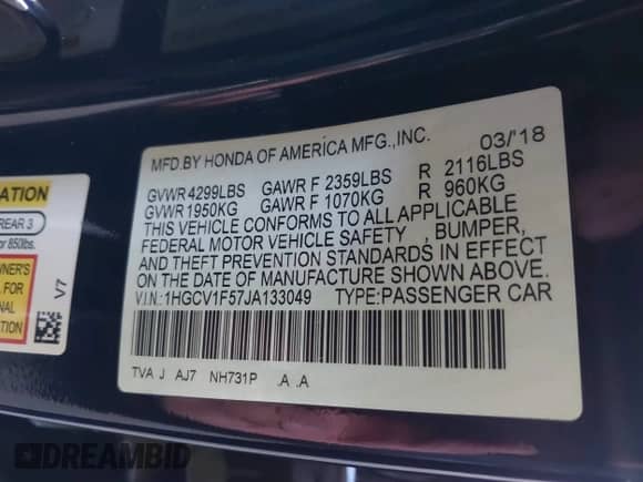 2018 Honda Accord EX-L with VIN 1HGCV1F57JA133049, listed as a IAAI auction lot 42773827 with 113,865 mi miles and . Bid and sale history available at DreamBid. Image 9.