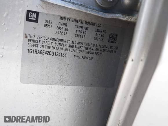 2012 Chevrolet Volt with VIN 1G1RA6E42CU124134, listed as a IAAI auction lot 43274933 with 72,943 mi miles and . Bid and sale history available at DreamBid. Image 9.