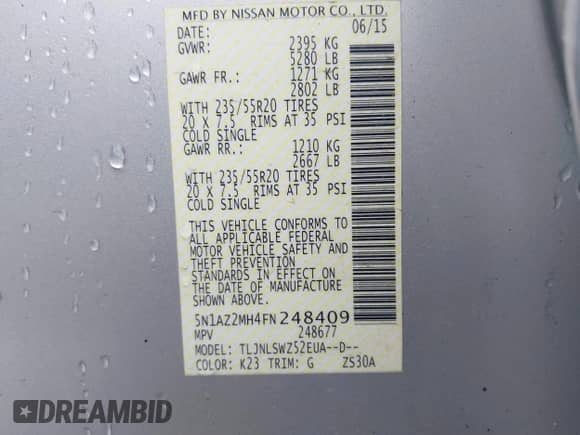 2015 Nissan Murano Platinum with VIN 5N1AZ2MH4FN248409, listed as a IAAI auction lot 41751567 with 84,776 mi miles and . Bid and sale history available at DreamBid. Image 9.