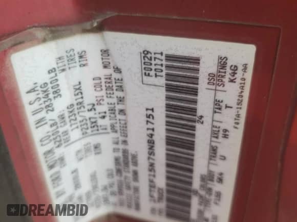 1995 Ford F-150 with VIN 1FTEF15N7SNB41751, listed as a Copart auction lot 86223125 with 337,573 mi miles and Salvage title. Bid and sale history available at DreamBid. Image 12.