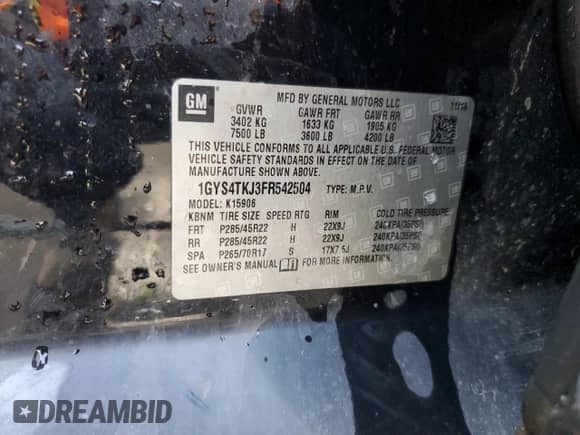 2015 Cadillac Escalade ESV Premium с VIN 1GYS4TKJ3FR542504, выставлен на аукционе Copart как лот 59088764 с пробегом 203 186 миль миль и Чистый • Clean title. История ставок и продаж доступна на DreamBid. Изображение 13.