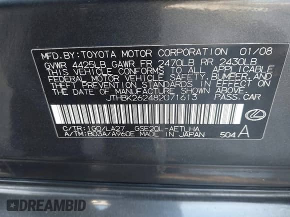 2008 Lexus IS 250 с VIN JTHBK262482071613, выставлен на аукционе IAAI как лот 43064674 с пробегом 200 454 миль миль и . История ставок и продаж доступна на DreamBid. Изображение 9.