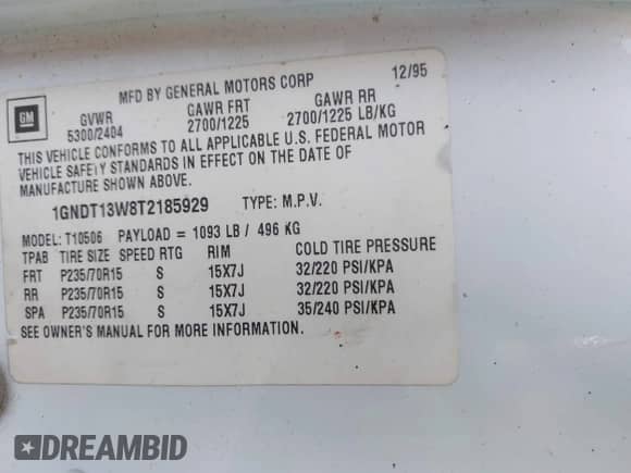 1996 Chevrolet Blazer z VIN 1GNDT13W8T2185929, wystawiony jako IAAI lot #43297854 z przebiegiem 182 430 mil mil oraz . Historia ofert i sprzedaży dostępna na DreamBid. Obrazek 9.