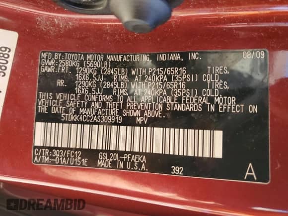 2010 Toyota Sienna LE z VIN 5TDKK4CC2AS309919, wystawiony jako Copart lot #82524135 z przebiegiem 196 955 mil mil oraz Szkoda całkowita • Salvage title. Historia ofert i sprzedaży dostępna na DreamBid. Obrazek 13.