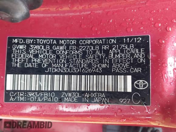 2013 Toyota Prius One with VIN JTDKN3DU3D1626943, listed as a IAAI auction lot 42370616 with 209,417 mi miles and . Bid and sale history available at DreamBid. Image 9.