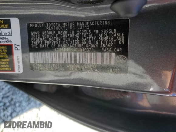 2012 Toyota Camry LE with VIN 4T1BD1FK1CU019371, listed as a Copart auction lot 65996385 with 204,081 mi miles and Salvage title. Bid and sale history available at DreamBid. Image 12.