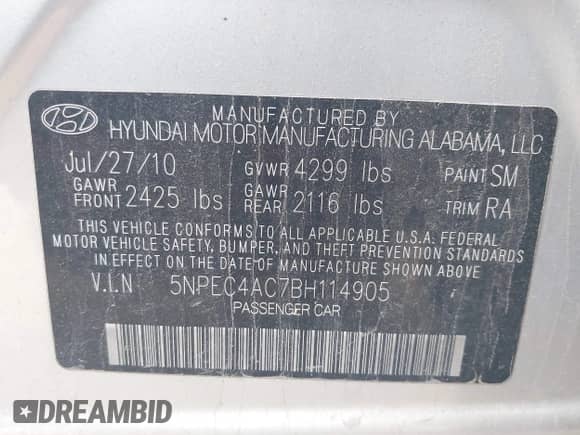 2011 Hyundai Sonata SE with VIN 5NPEC4AC7BH114905, listed as a IAAI auction lot 43384578 with 176,361 mi miles and . Bid and sale history available at DreamBid. Image 9.