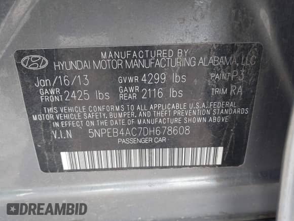 2013 Hyundai Sonata GLS z VIN 5NPEB4AC7DH678608, wystawiony jako IAAI lot #43329301 z przebiegiem Nie podano mil oraz . Historia ofert i sprzedaży dostępna na DreamBid. Obrazek 9.