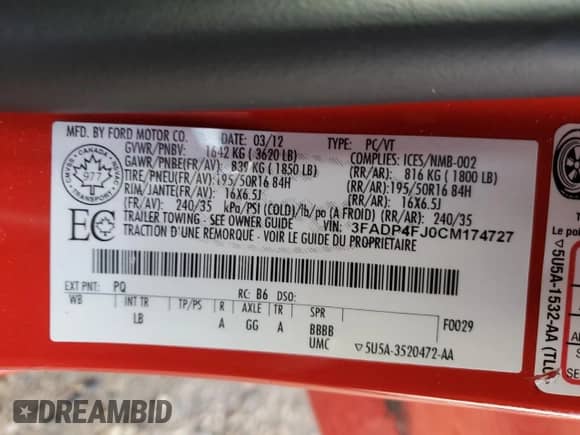 2012 Ford Fiesta SES with VIN 3FADP4FJ0CM174727, listed as a Copart auction lot 86832155 with 135,586 mi miles and Salvage title. Bid and sale history available at DreamBid. Image 12.