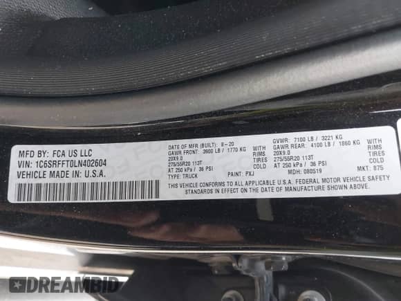 2020 Ram 1500 Lone Star with VIN 1C6SRFFT0LN402604, listed as a IAAI auction lot 43190437 with 80,517 mi miles and . Bid and sale history available at DreamBid. Image 9.