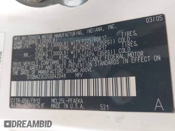 2005 Toyota Sienna LE с VIN 5TDBA23C05S042048, выставлен на аукционе IAAI как лот 42103029 с пробегом 254 690 миль миль и . История ставок и продаж доступна на DreamBid. Изображение 9.