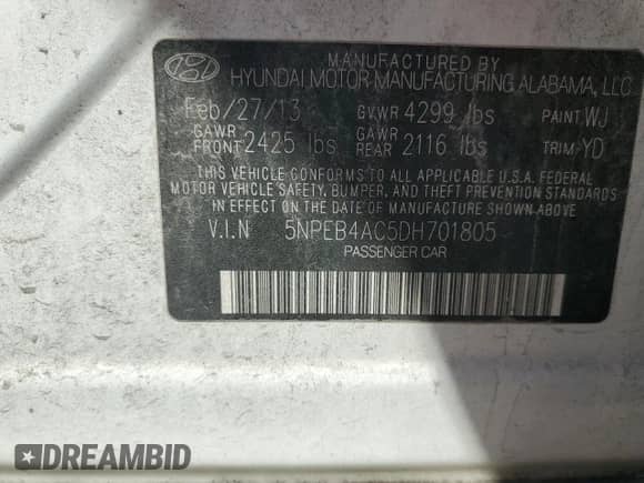 2013 Hyundai Sonata GLS z VIN 5NPEB4AC5DH701805, wystawiony jako Copart lot #85202105 z przebiegiem Nie podano mil oraz Szkoda całkowita • Salvage title. Historia ofert i sprzedaży dostępna na DreamBid. Obrazek 12.