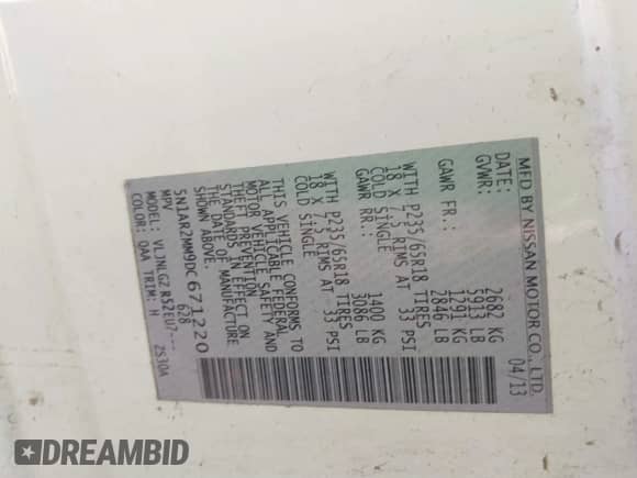 2013 Nissan Pathfinder S with VIN 5N1AR2MM9DC671220, listed as a IAAI auction lot 41419316 with 110,266 mi miles and . Bid and sale history available at DreamBid. Image 9.