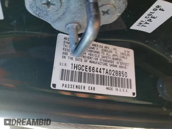 1996 Honda Accord with VIN 1HGCE6644TA028850, listed as a Copart auction lot 42564835 with 116,354 mi miles and Salvage title. Bid and sale history available at DreamBid. Image 12.