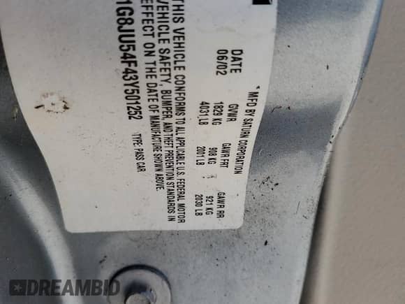 2003 Saturn LS with VIN 1G8JU54F43Y501252, listed as a Copart auction lot 76197934 with 52,856 mi miles and Salvage title. Bid and sale history available at DreamBid. Image 13.