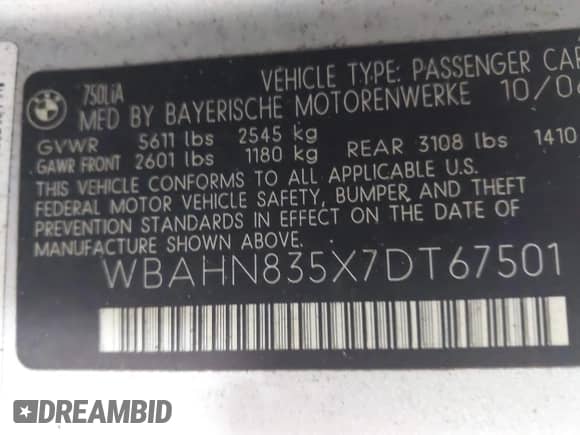 2007 BMW 7 Series 750Li with VIN WBAHN835X7DT67501, listed as a IAAI auction lot 43561605 with Not provided miles and . Bid and sale history available at DreamBid. Image 9.