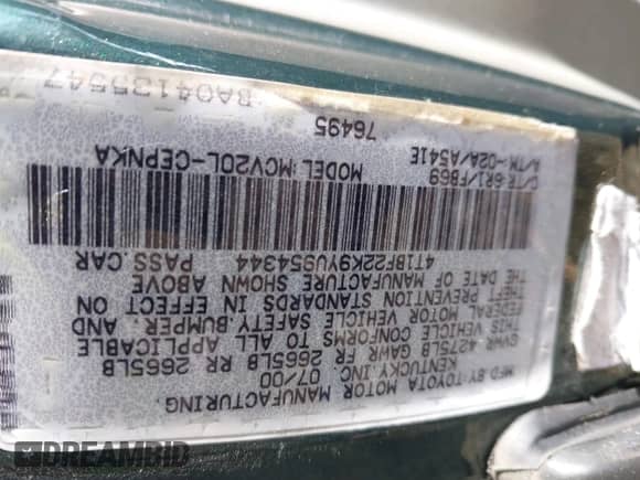 2000 Toyota Camry LE с VIN 4T1BF22K9YU954344, выставлен на аукционе IAAI как лот 43442240 с пробегом 124 864 миль миль и . История ставок и продаж доступна на DreamBid. Изображение 9.