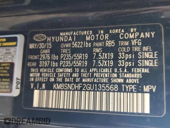 2016 Hyundai Santa Fe Premium with VIN KM8SNDHF2GU135568, listed as a Copart auction lot 63072485 with 166,101 mi miles and Clean title. Bid and sale history available at DreamBid. Image 13.