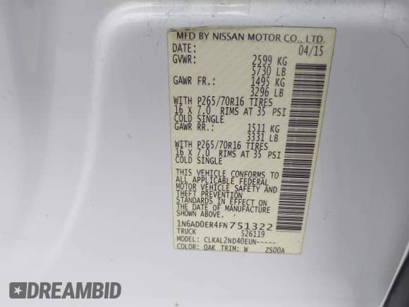 2015 Nissan Frontier SV with VIN 1N6AD0ER4FN751322, listed as a IAAI auction lot 43276518 with 124,404 mi miles and . Bid and sale history available at DreamBid. Image 9.