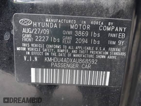 2010 Hyundai Elantra GLS with VIN KMHDU4ADXAU868592, listed as a IAAI auction lot 43073192 with 226,650 mi miles and . Bid and sale history available at DreamBid. Image 9.