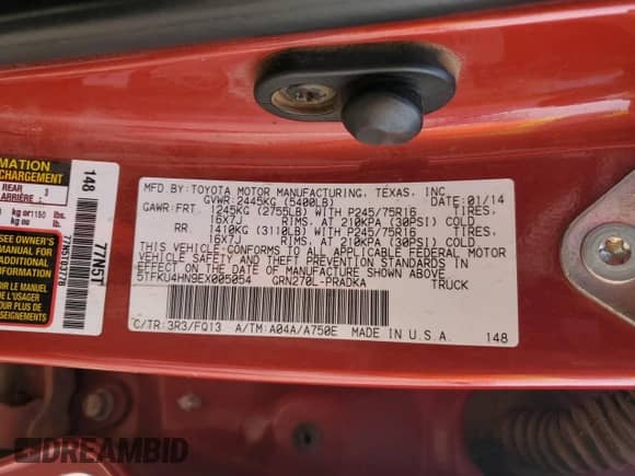 2014 Toyota Tacoma PreRunner z VIN 5TFKU4HN9EX005054, wystawiony jako Copart lot #45773495 z przebiegiem 216 323 mil mil oraz Szkoda całkowita • Salvage title. Historia ofert i sprzedaży dostępna na DreamBid. Obrazek 15.