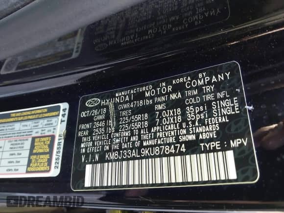 2019 Hyundai Tucson Sport z VIN KM8J33AL9KU878474, wystawiony jako IAAI lot #41568959 z przebiegiem 97 412 mil mil oraz . Historia ofert i sprzedaży dostępna na DreamBid. Obrazek 9.