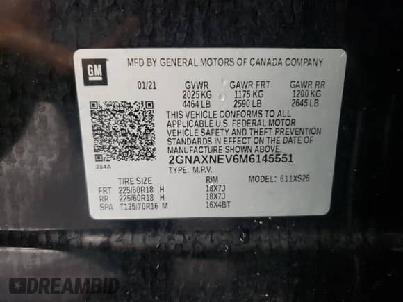 2021 Chevrolet Equinox Premier с VIN 2GNAXNEV6M6145551, выставлен на аукционе Copart как лот 67703725 с пробегом 54 188 миль миль и Списание • Salvage title. История ставок и продаж доступна на DreamBid. Изображение 13.
